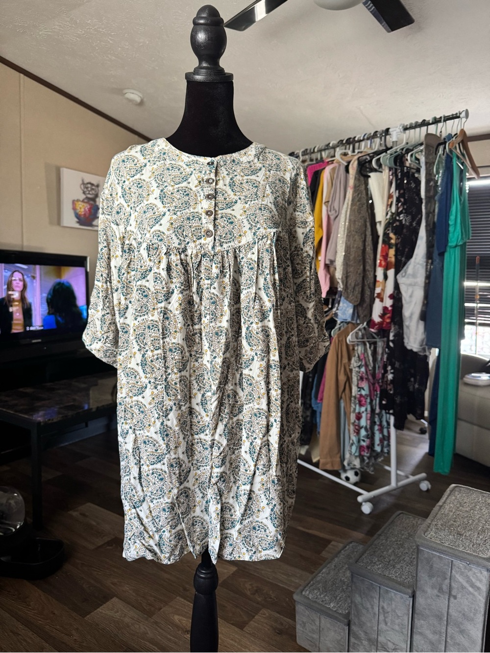 Umgee Cream Paisley Smocked Babydoll Dress with Blue & Green Accents